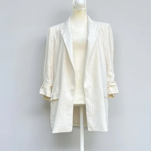 Zara Linen Blend Lightweight Open Front Blazer in Cream Pinstripe Sz Medium - Picture 9 of 16